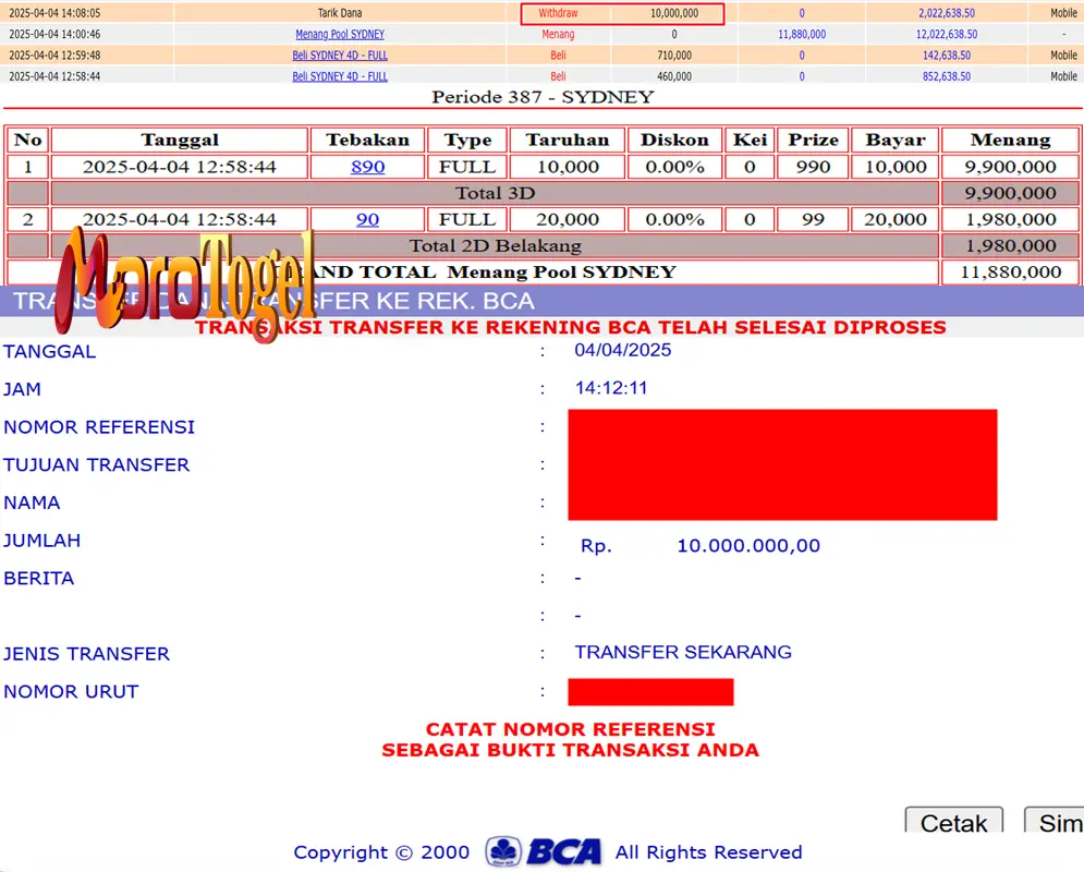 Bukti Kemenangan Permainan Togel Pasaran Sydneylotto Di Situs MOROTOGEL Untuk Akun Mioxxx